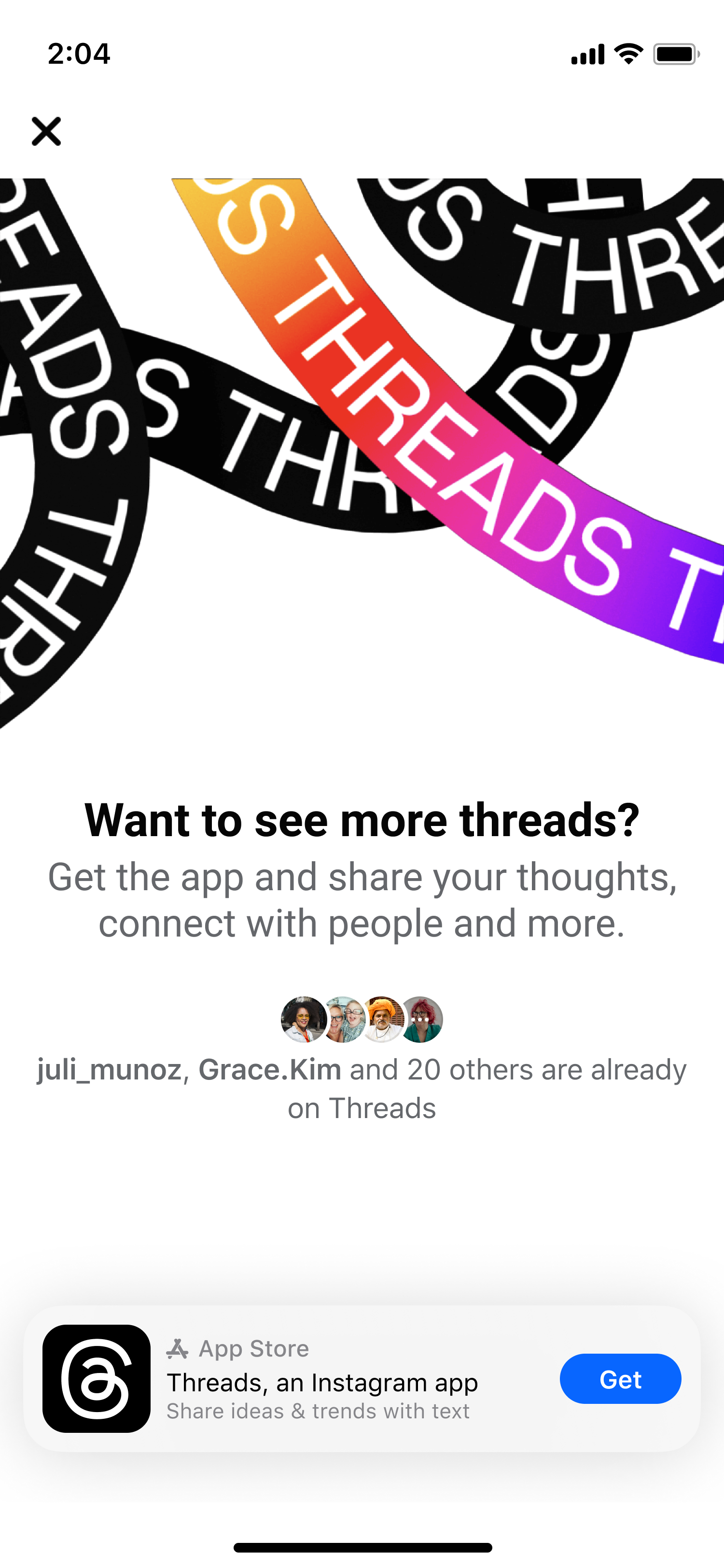 Threads install screen with a facepile: juli_munoz, Grace.Kim and 20 others are already on Threads