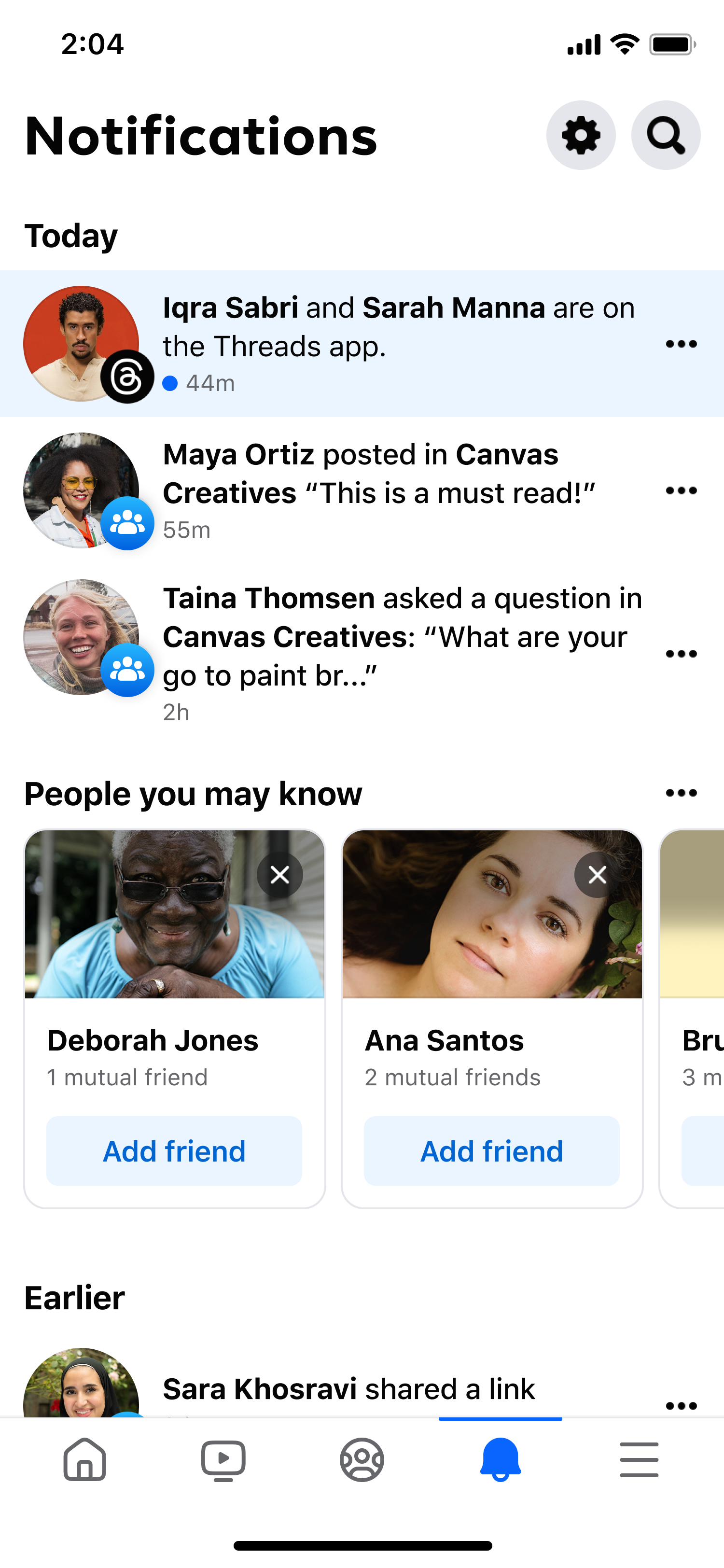 Facebook Notifications with a Threads acquisition notification: Iqra Sabri and Sarah Manna are on the Threads app