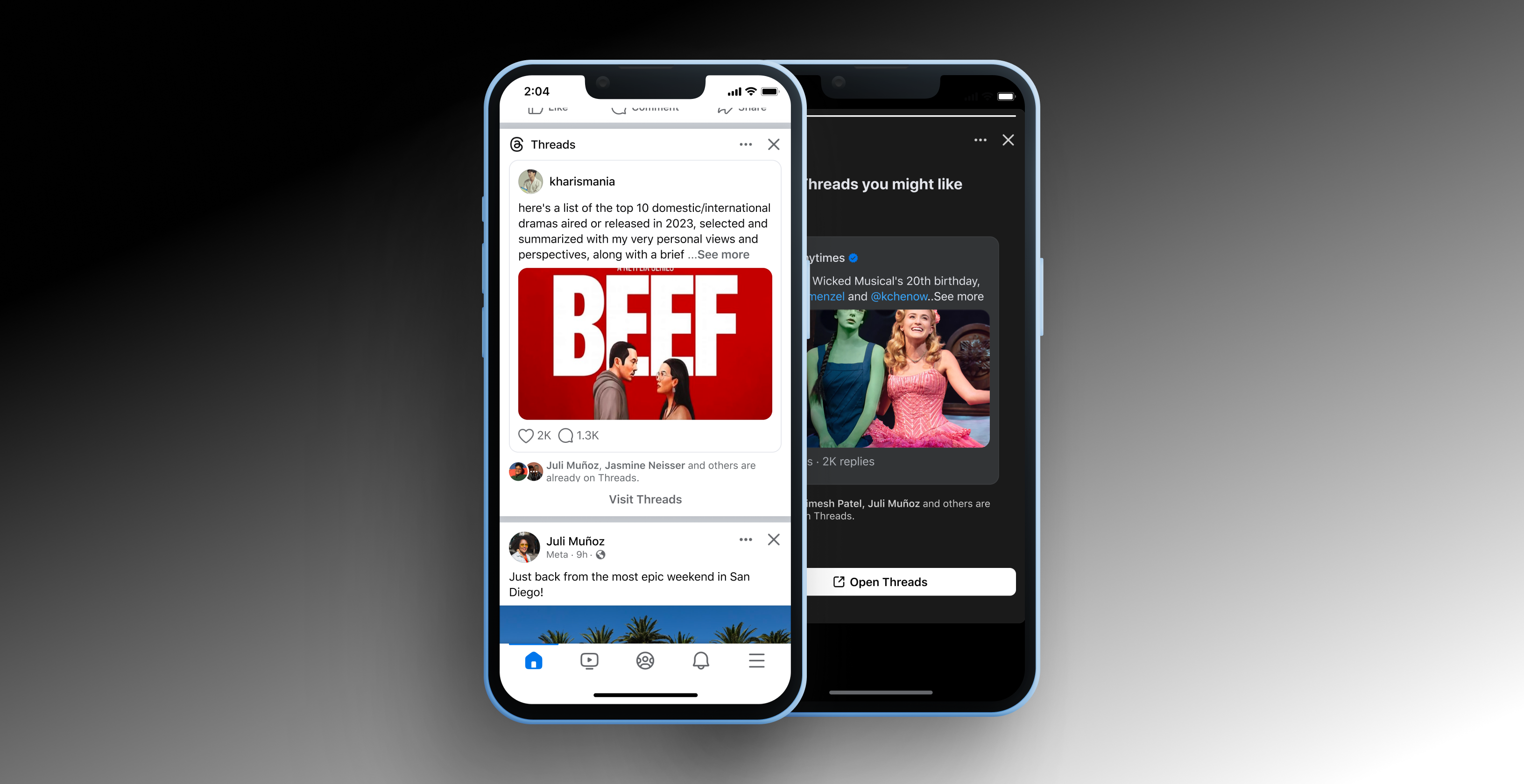 Threads Social Proof hero: phone mockups of the Feed promo unit showing friends already on Threads