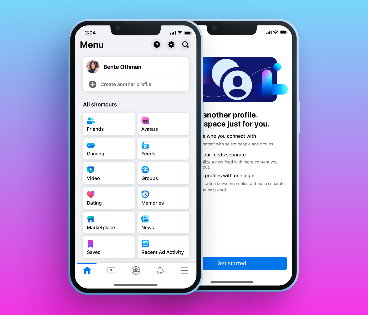 Two Facebook mobile screens showing additional profile creation and menu shortcuts