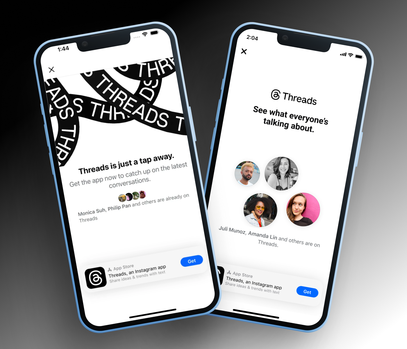 Two Threads app onboarding screens shown in phone mockups
