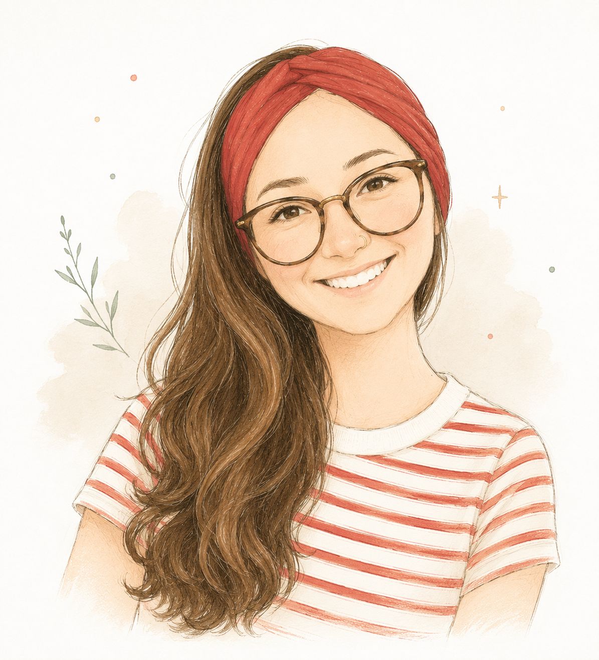 Illustration of Juli smiling with glasses and a red headband