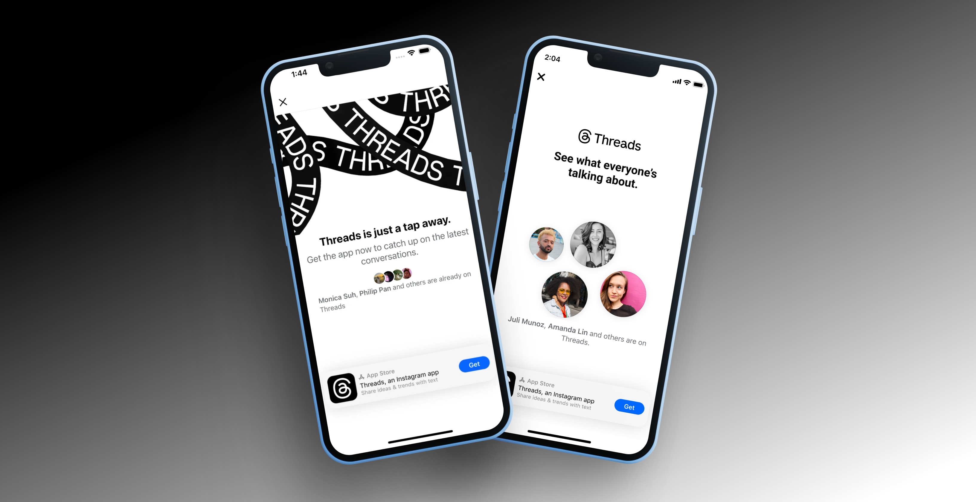 Threads Montage hero: two phone mockups