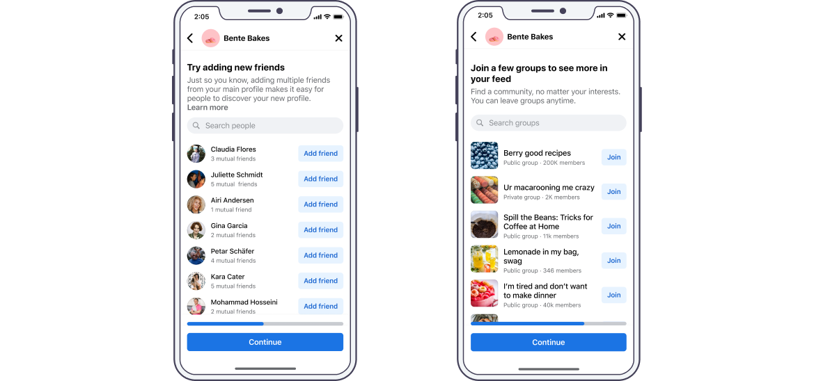 Additional Profiles onboarding screens for adding friends and groups